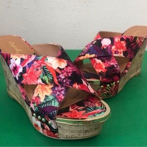 Qupid Satin Floral Cork Wedge Heel Sandal